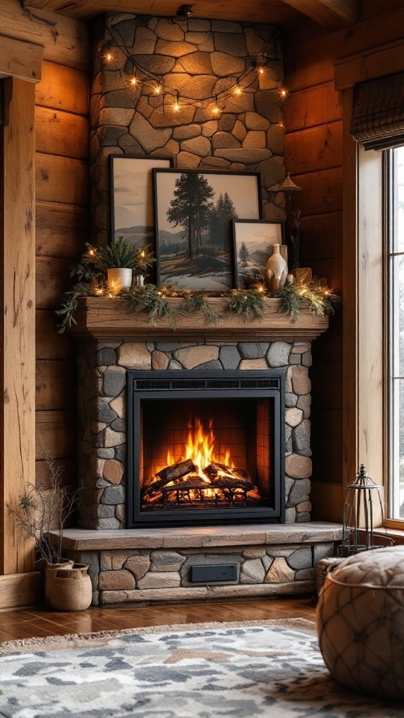 Cozy rustic corner with an electric fireplace, stone mantel, artwork, and warm lighting