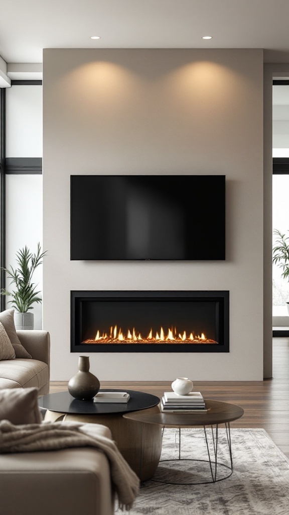 A modern living room featuring a built-in electric fireplace beneath a television, with a cozy sofa and decorative plants.