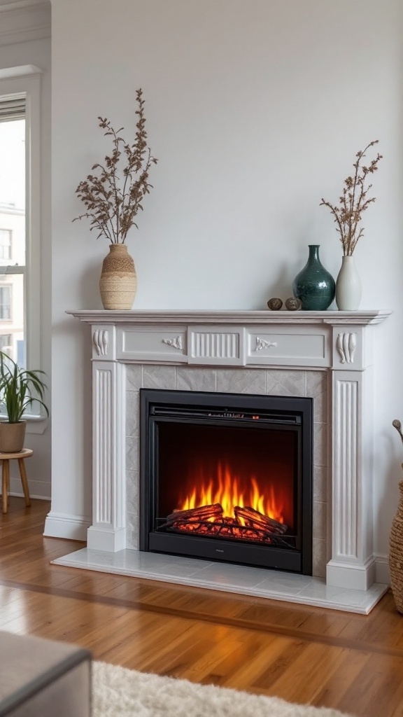 A built-in electric fireplace framed by a white decorative mantel with vases on top, surrounded by a cozy living room setting.