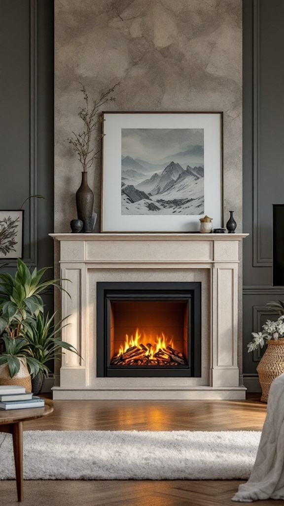 A cozy living room featuring an electric fireplace with a stylish mantel, surrounded by plants and art.