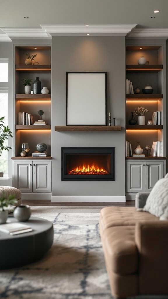 A modern living room featuring an electric fireplace surrounded by built-in shelves showcasing decorative items.