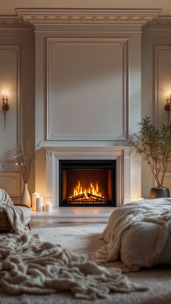 Elegant bedroom featuring a built-in electric fireplace with soft lighting and cozy decor.