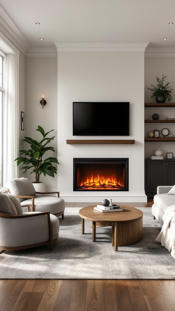 A cozy family room featuring a built-in electric fireplace, a TV, and comfortable seating.