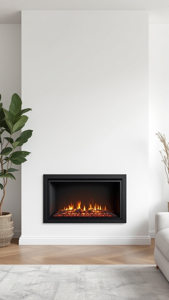 A modern minimalist living room featuring a built-in electric fireplace surrounded by a white wall and natural elements.