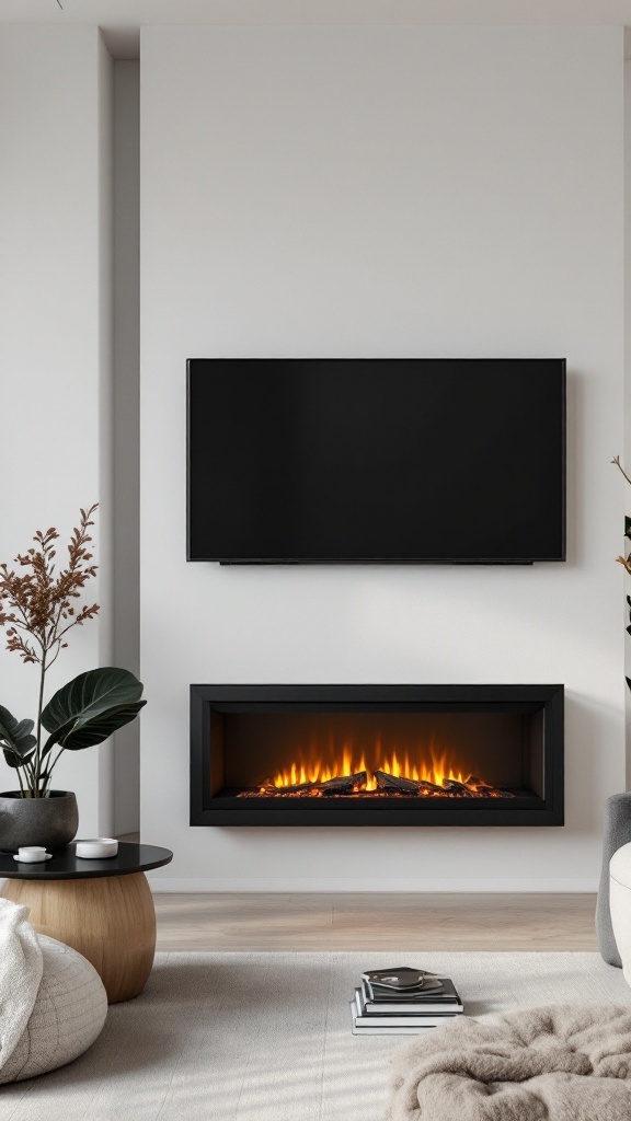 A modern living room featuring a wall-mounted electric fireplace below a flat-screen TV, surrounded by minimalist decor.