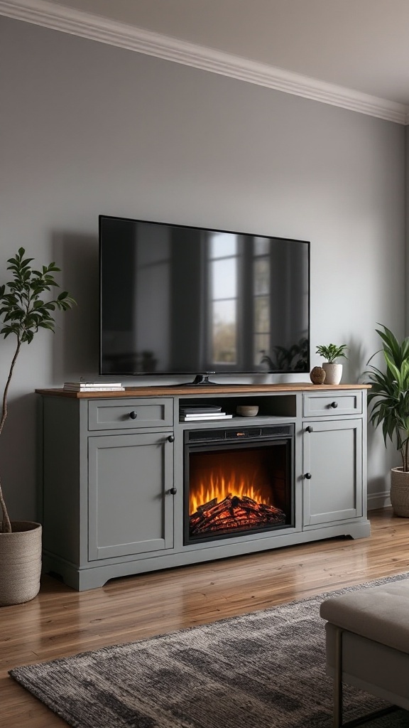 A cozy living room with a gray electric fireplace TV stand that features a television and an electric fireplace.