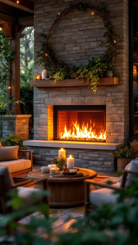 Outdoor living space featuring an electric fireplace, cozy seating, and decorative elements.