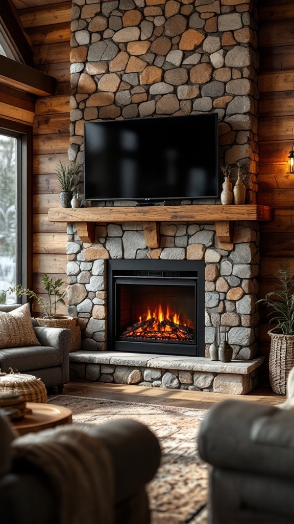 A cozy living room featuring a rustic electric fireplace with stone accents, complemented by a wooden mantel and a television above it.