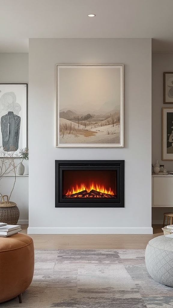 A wall-mounted electric fireplace with flickering flames, framed by a light-colored wall and surrounded by artwork and modern furniture.