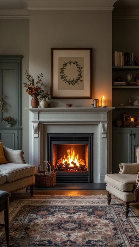 Cozy living room featuring a traditional electric fireplace insert with flames, elegant decor, and comfortable seating.