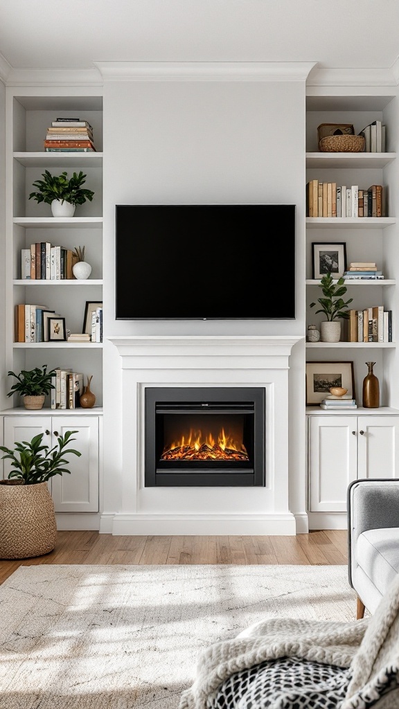 A modern living room with a built-in electric fireplace surrounded by white shelves filled with books and plants.