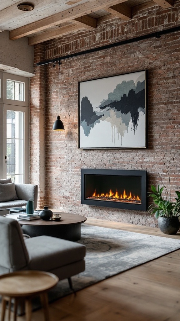 A stylish loft featuring a wall-mounted electric fireplace, exposed brick walls, and modern furnishings.