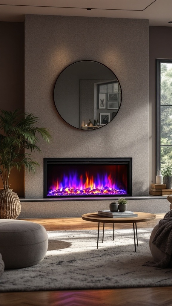 Modern electric fireplace with color changing flames in a cozy living room setting