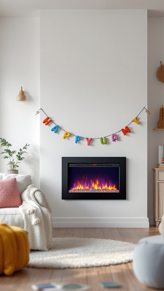 A colorful wall-mounted electric fireplace with a playful banner above it, set in a cozy living room.