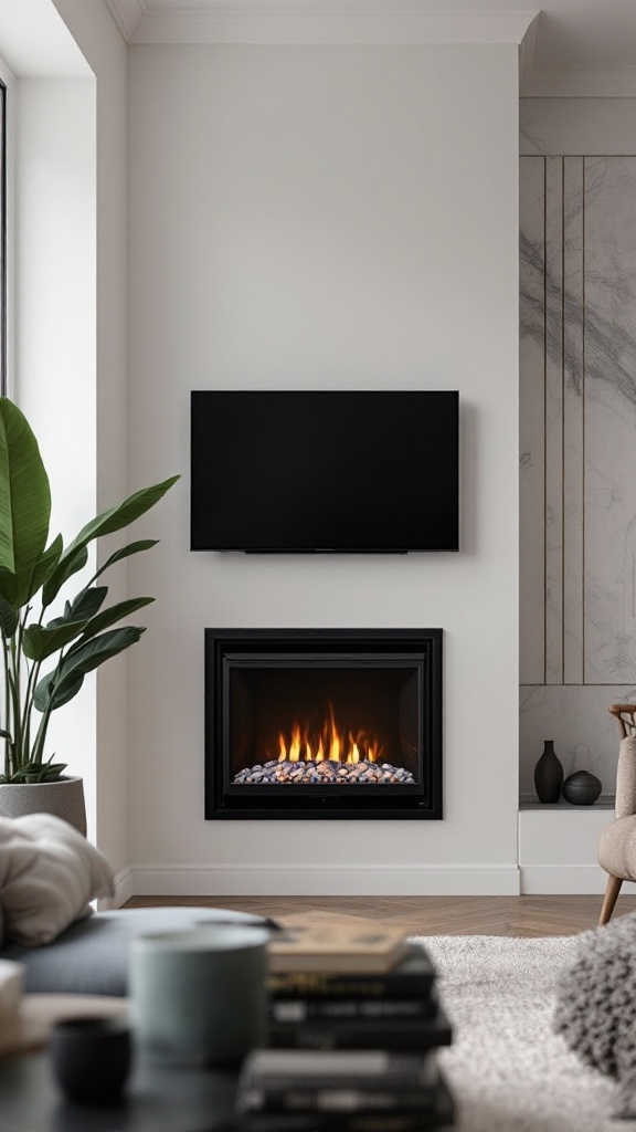 A modern electric fireplace installed in a corner, with a television above it, plants, and a cozy seating area.