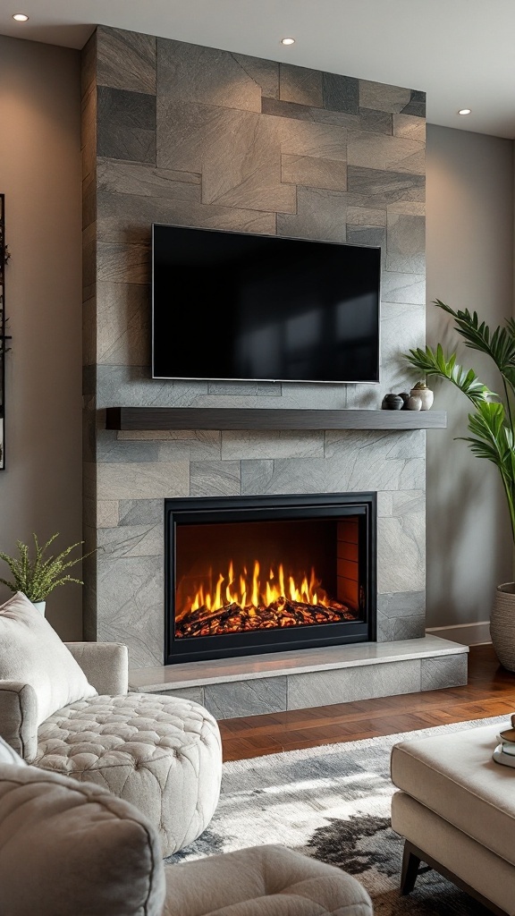 Modern electric fireplace with stone surround and a TV mounted above it in a stylish living room