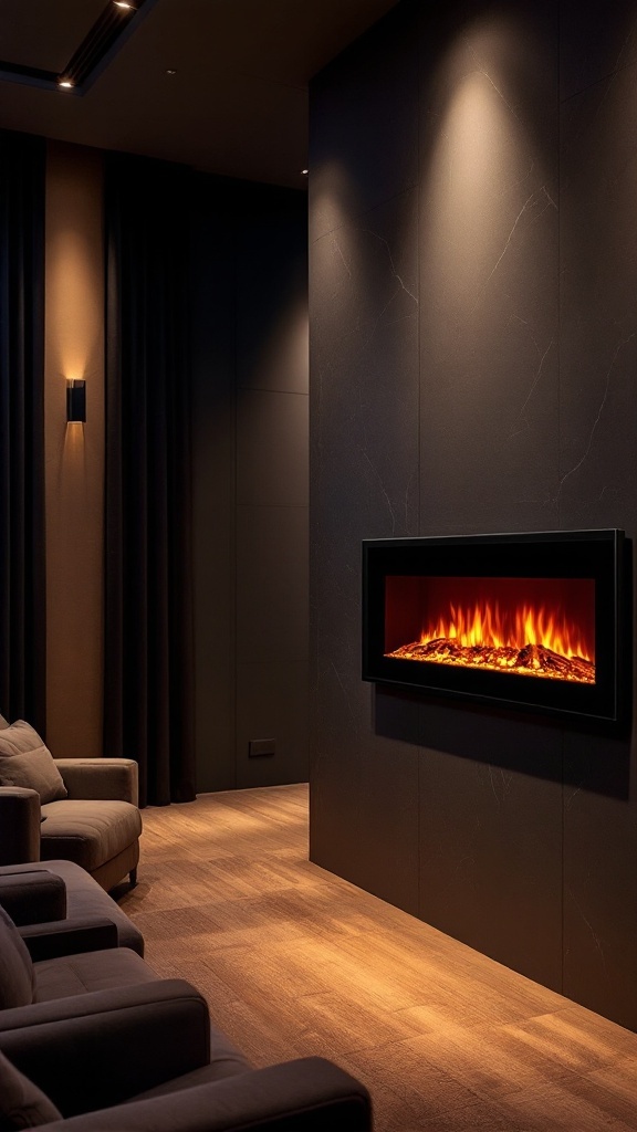 A dimly lit home theater featuring a wall-mounted electric fireplace, plush seating, and dramatic lighting.