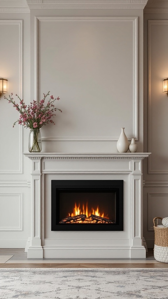 A formal dining room featuring a wall-mounted electric fireplace with a white mantel, elegant floral arrangement, and soft lighting.