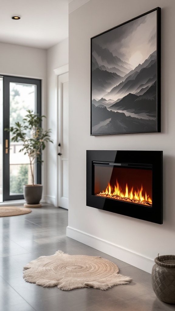 A modern wall-mounted electric fireplace beneath a mountain landscape painting in a well-lit entryway