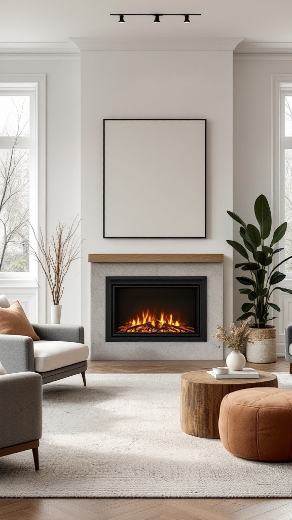 A modern living room with a freestanding electric fireplace, stylish furniture, and natural light.