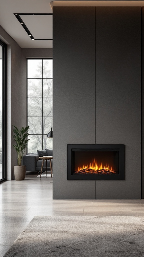 Modern electric fireplace serving as a room divider in a stylish interior