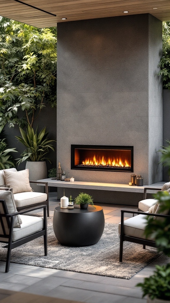 A modern outdoor living space featuring a sleek electric fireplace surrounded by comfortable seating and greenery.