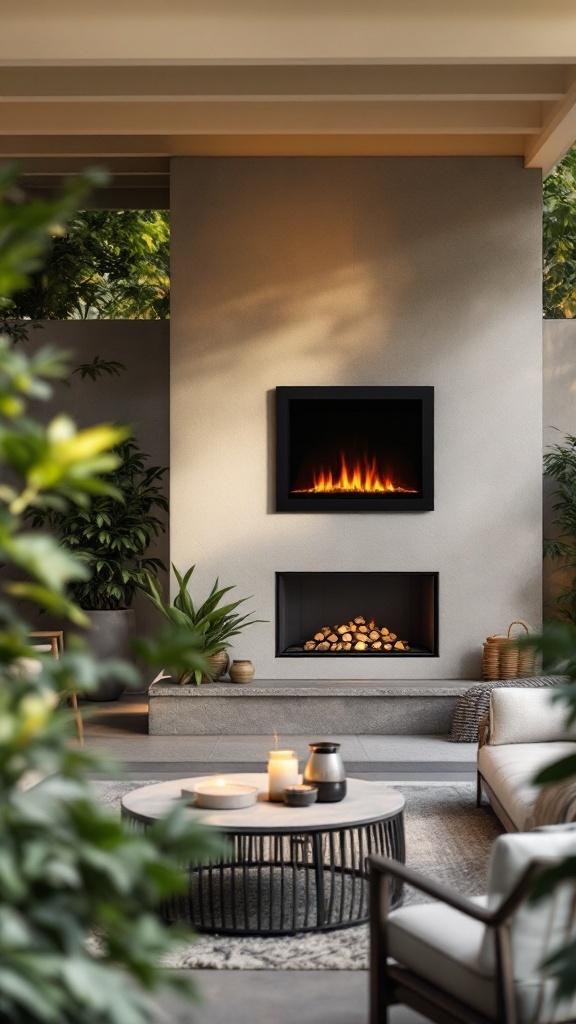 A modern outdoor living space featuring a wall-mounted electric fireplace, surrounded by plants and cozy seating.