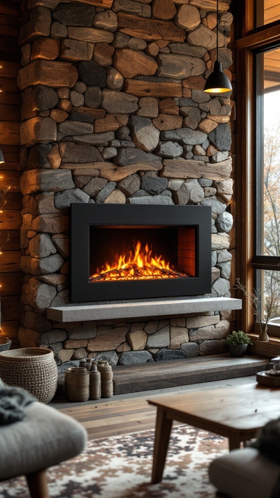 A wall-mounted electric fireplace surrounded by a rustic stone wall and wooden accents, creating a warm and inviting atmosphere.