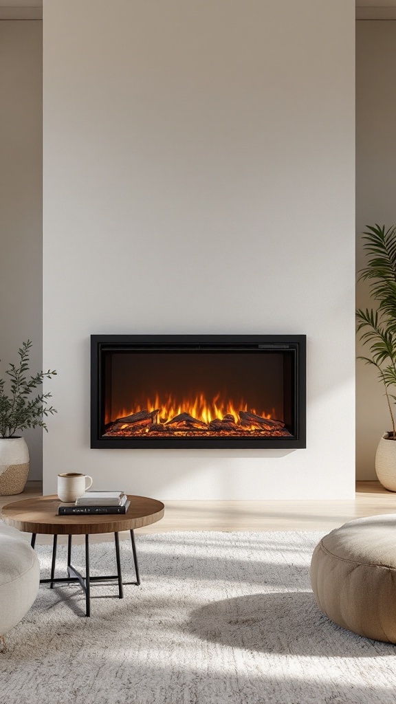 A modern electric fireplace with a minimalist design, featuring a black frame and a warm flame effect, integrated into a light-colored wall.