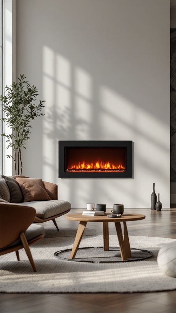 A wall-mounted electric fireplace in a modern living room, featuring a cozy sofa and coffee table.