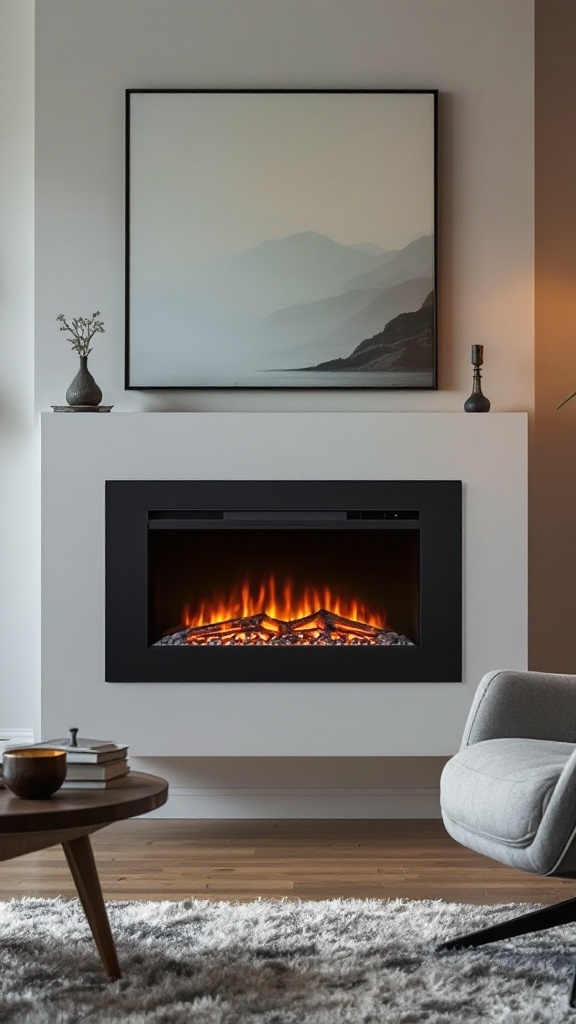 A modern electric fireplace installed in a minimalist living room with a mountain landscape painting above it.