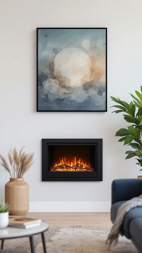 A modern wall-mounted electric fireplace with an abstract painting above it, featuring warm flames and stylish decor.