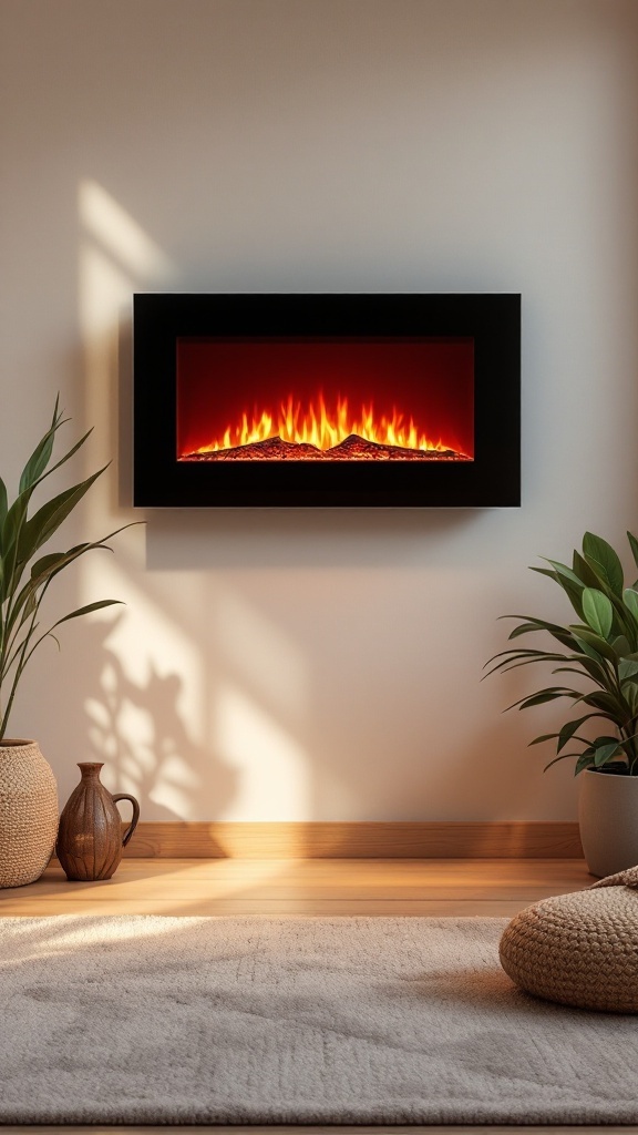 A modern wall-mounted electric fireplace in a serene meditation room with plants and soft lighting.