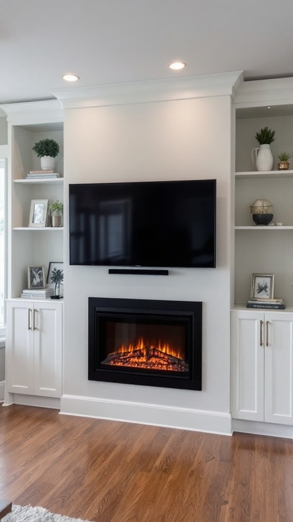 A modern built-in electric fireplace with a TV above and shelving on either side.