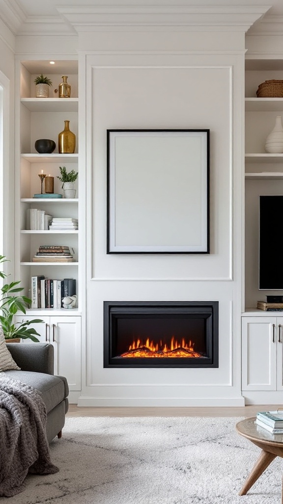 Living room featuring an electric fireplace with built-in shelving and storage.