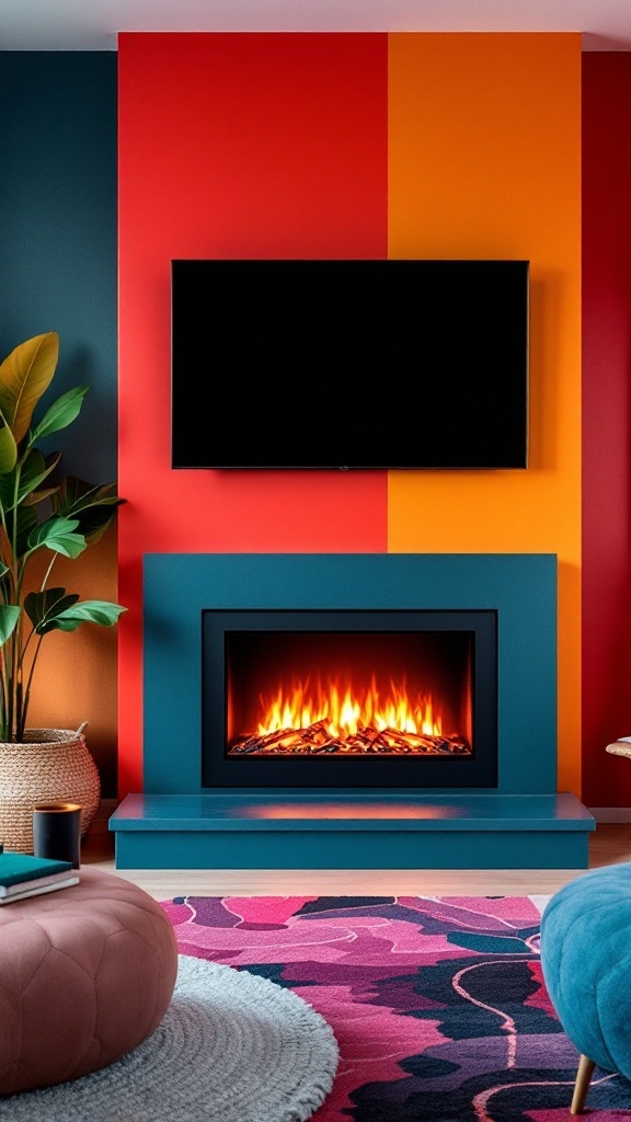 A vibrant living room with a colorful accent wall featuring red, orange, and green, showcasing an electric fireplace and modern decor.