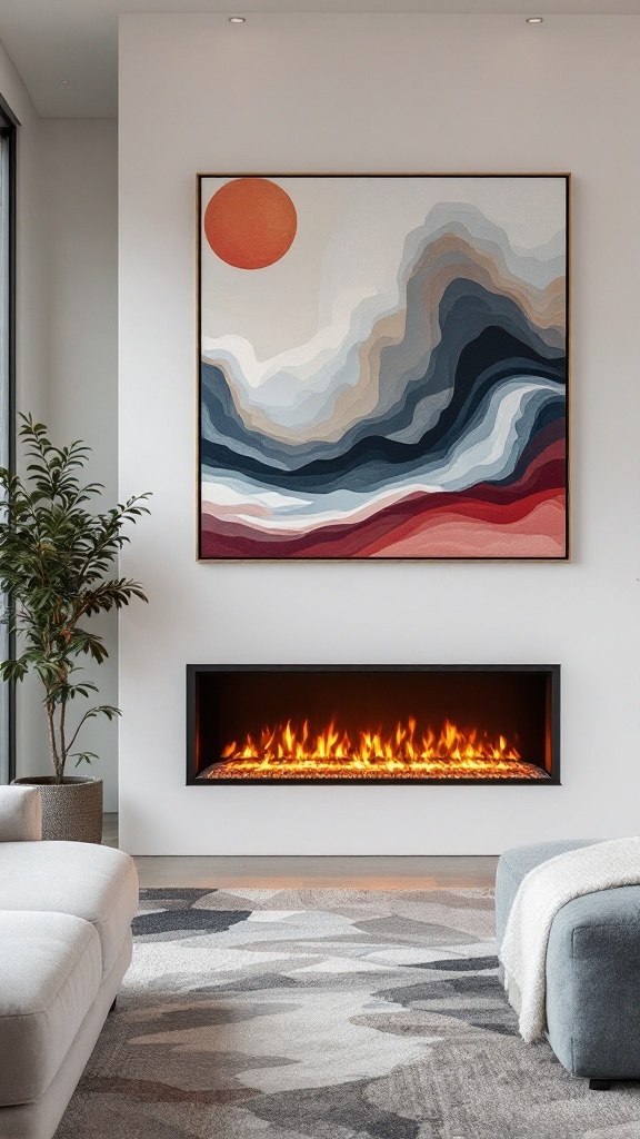 A modern living room featuring an electric fireplace with a contemporary artwork piece above it, showcasing warm colors and a cozy atmosphere.