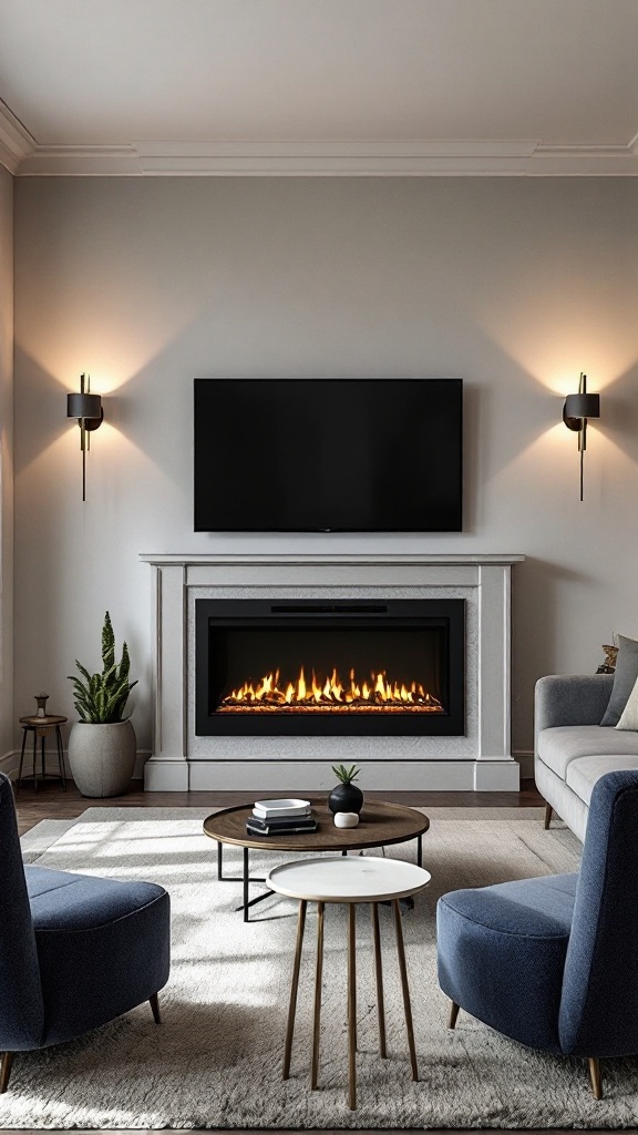 A contemporary living room featuring a modern electric fireplace with a smart TV mounted above, stylish seating, and warm lighting.