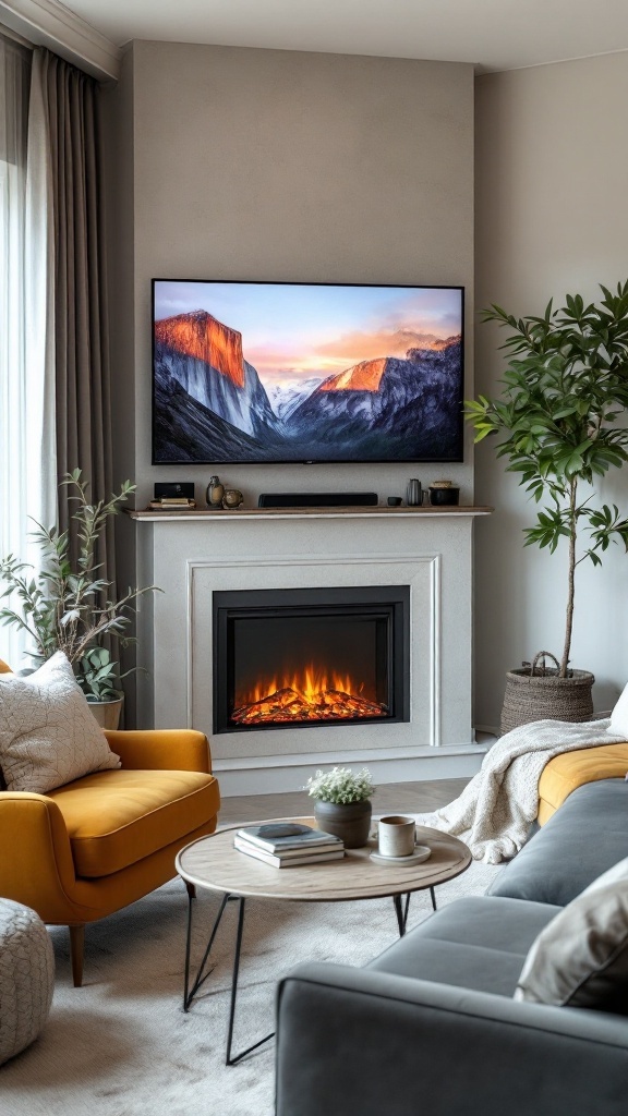 Cozy corner electric fireplace with TV above, modern seating, and green plants.