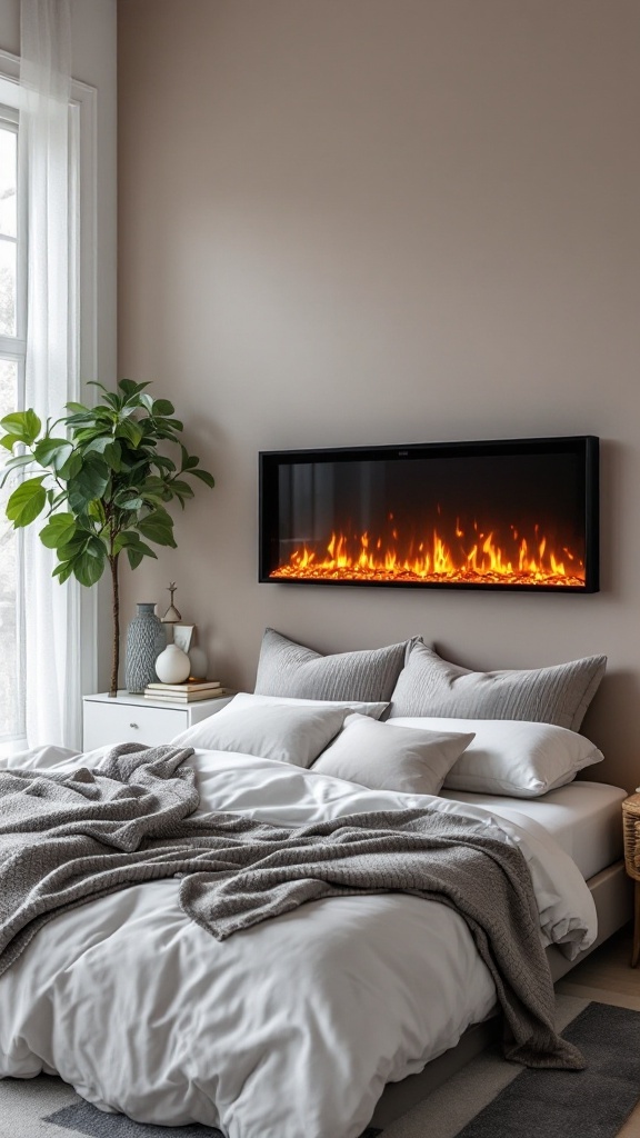 A cozy bedroom featuring an electric fireplace mounted on the wall, a comfortable bed with fluffy pillows, and a green plant.