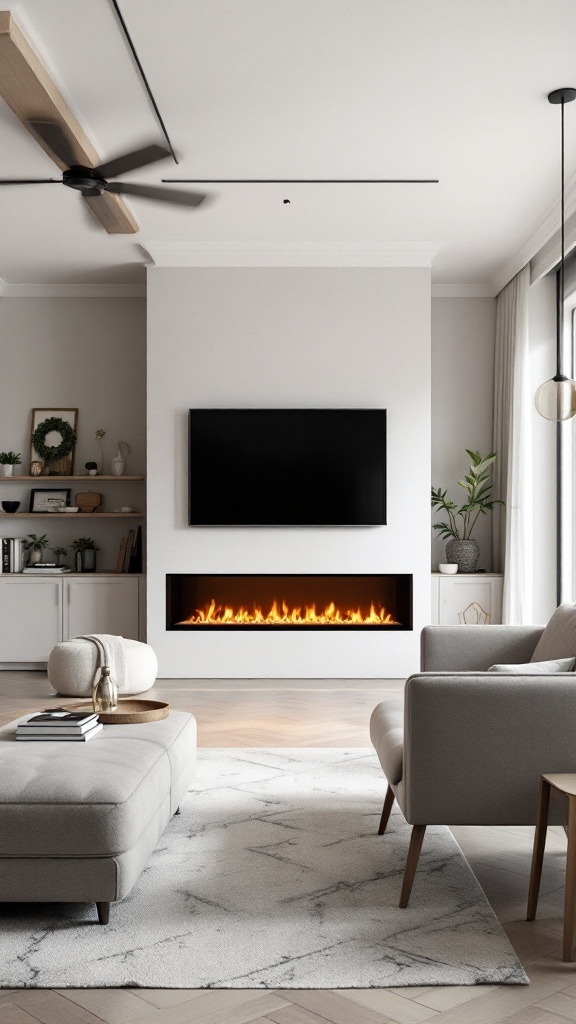 A modern dual-sided electric fireplace with a TV above, separating living areas in a stylish interior.