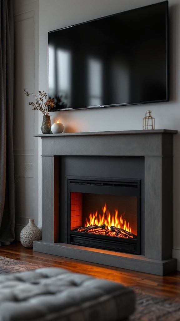 A modern living room featuring an electric fireplace below a TV, decorated with minimalistic elements.