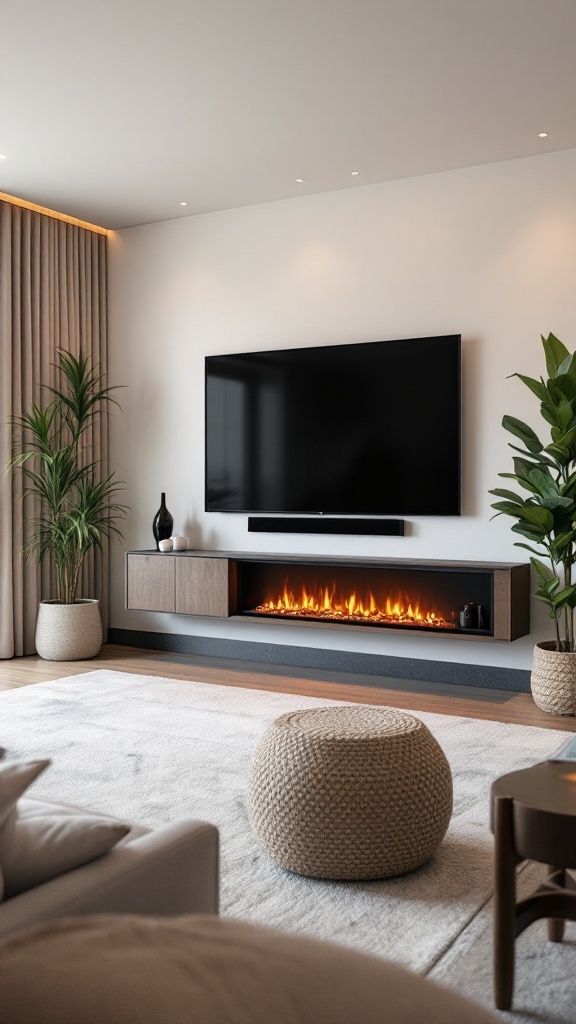 A modern living room featuring an electric fireplace with a floating media console and a large TV above it.