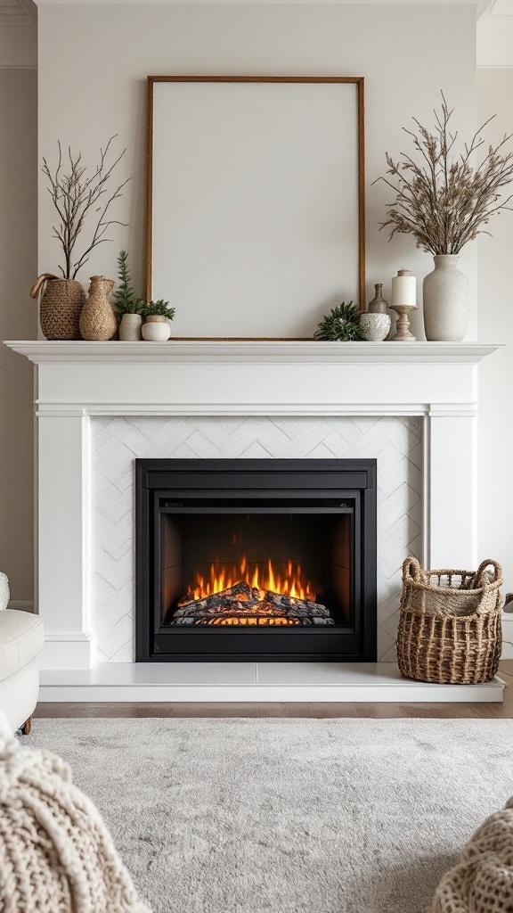 Elegant electric fireplace with a stylish mantel display featuring vases, greenery, and a blank frame.