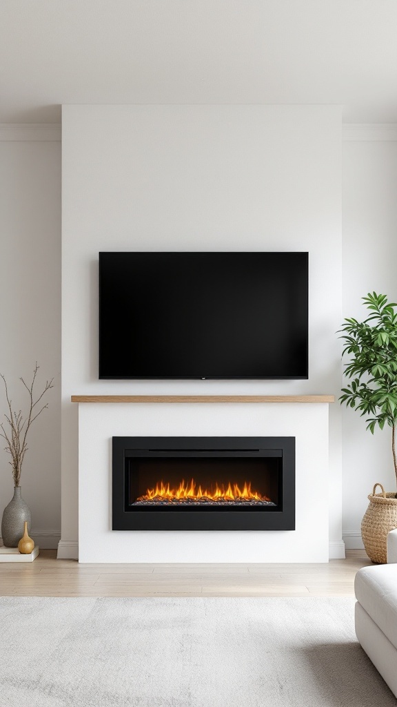 Minimalist electric fireplace design with a TV mounted above it, featuring a sleek black frame and warm flames.