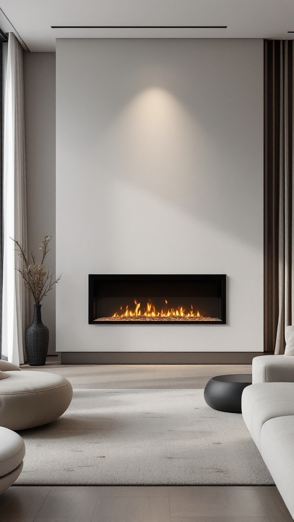 A modern minimalist living room featuring a sleek electric fireplace, neutral decor, and soft textures.