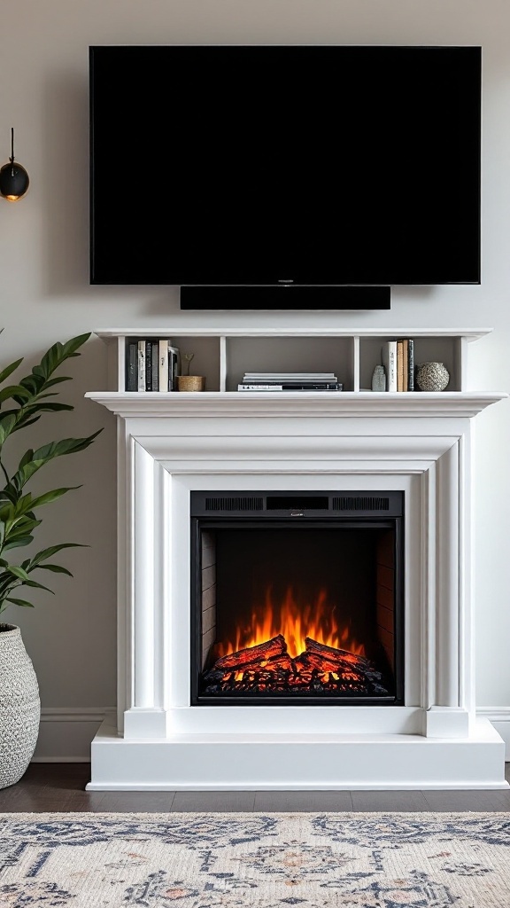 A modern entertainment center featuring an electric fireplace with a TV mounted above it, surrounded by decorative shelves and a plant.