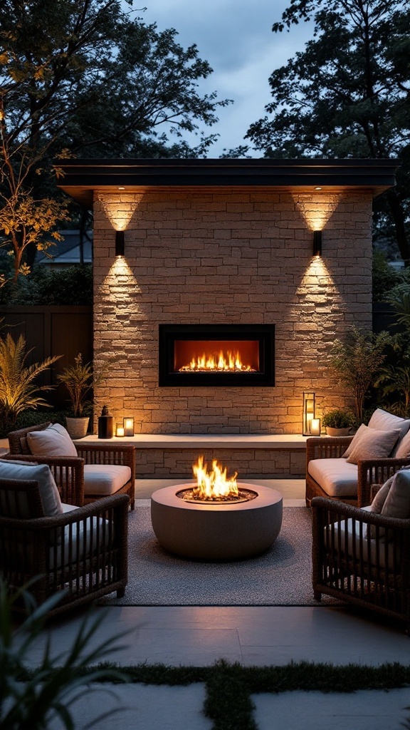 An outdoor living space featuring an electric fireplace built into a stone wall, surrounded by cozy seating and a circular fire pit.