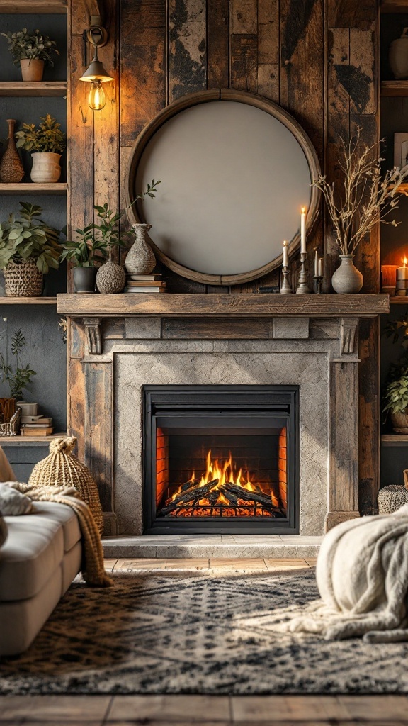 Cozy living room with an electric fireplace and rustic wood accents