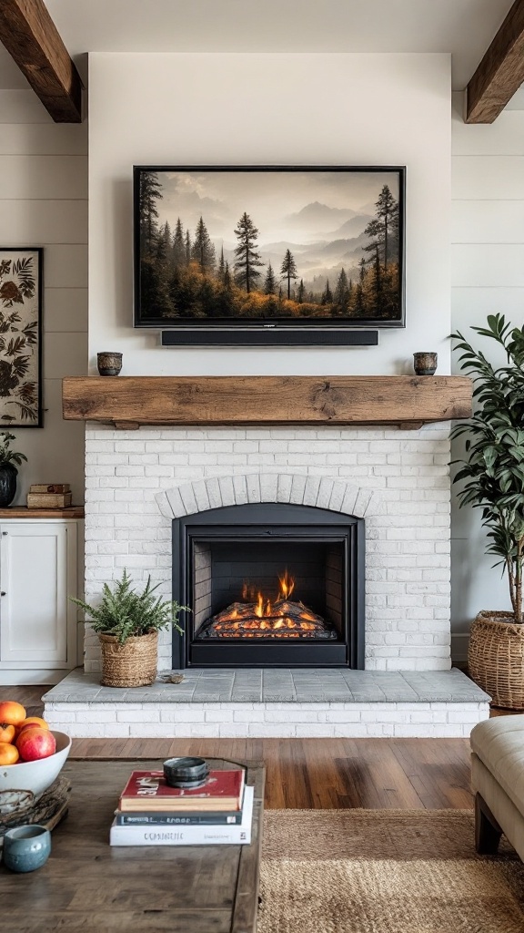 A cozy living room featuring a rustic electric fireplace with a vintage TV mounted above it, surrounded by plants and modern decor.